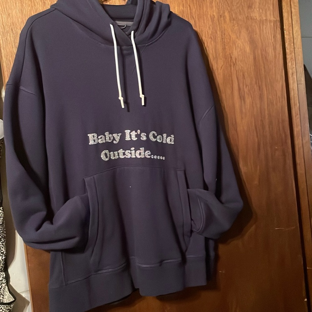 Warm, Funny, blue Baby It’s Cold Outside hoodie.